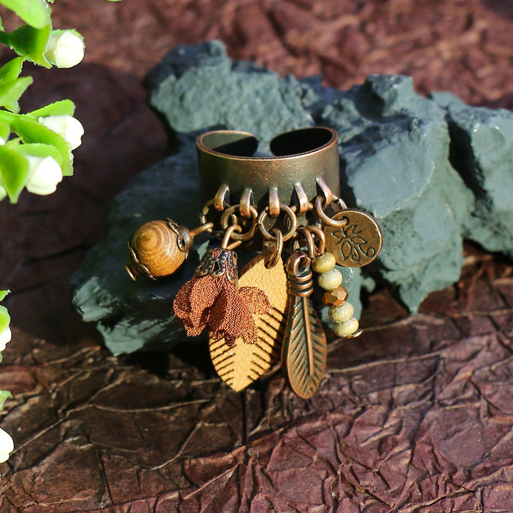 Niva Zia Bohemian Vintage Geometric Wood Bead Tassel Ring