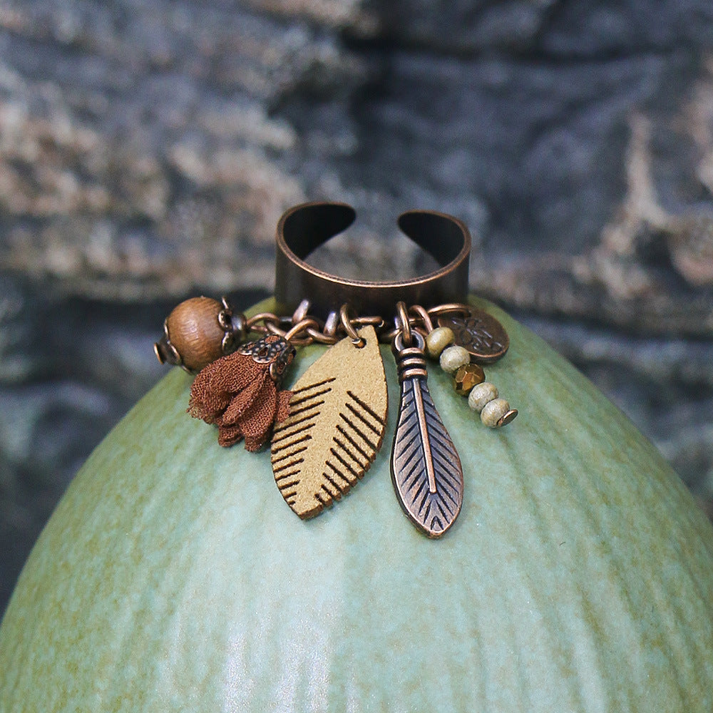 Niva Zia Bohemian Vintage Geometric Wood Bead Tassel Ring